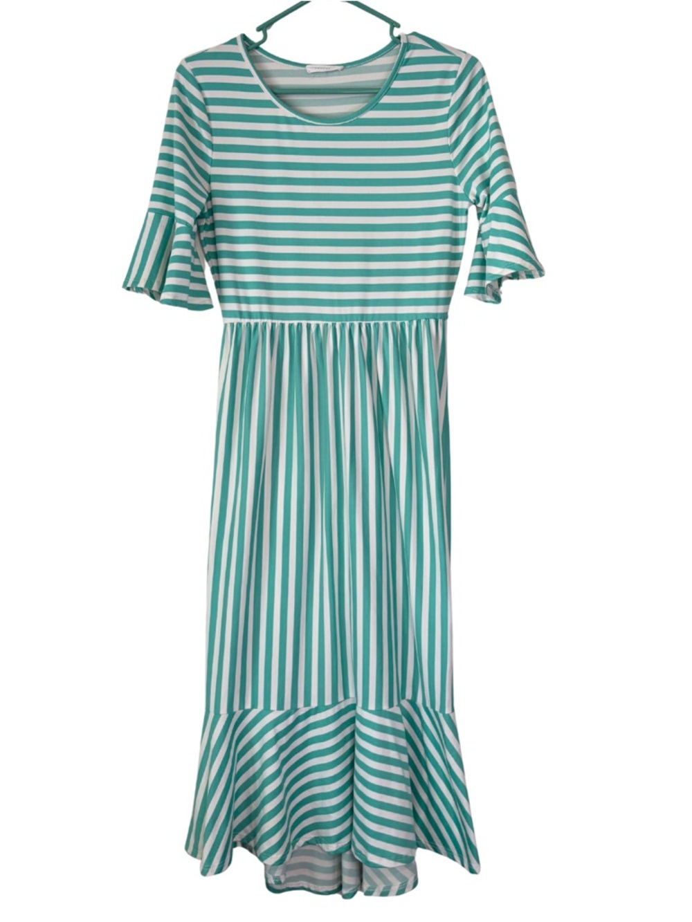 Reborn J Teal and White Striped Short Sleeve Midi Dress with Ruffle Hem